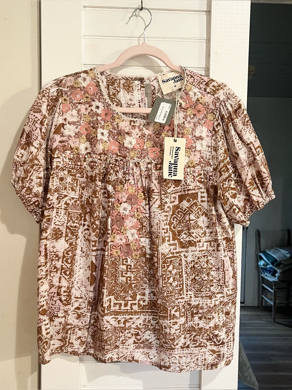 Savanna Jane Pink & Brown Floral-Detail Peasant Blouse